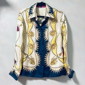 Hilfiger Y2K Vintage 100% Silk Equestrian Printed Button Up Blouse Top Size 10